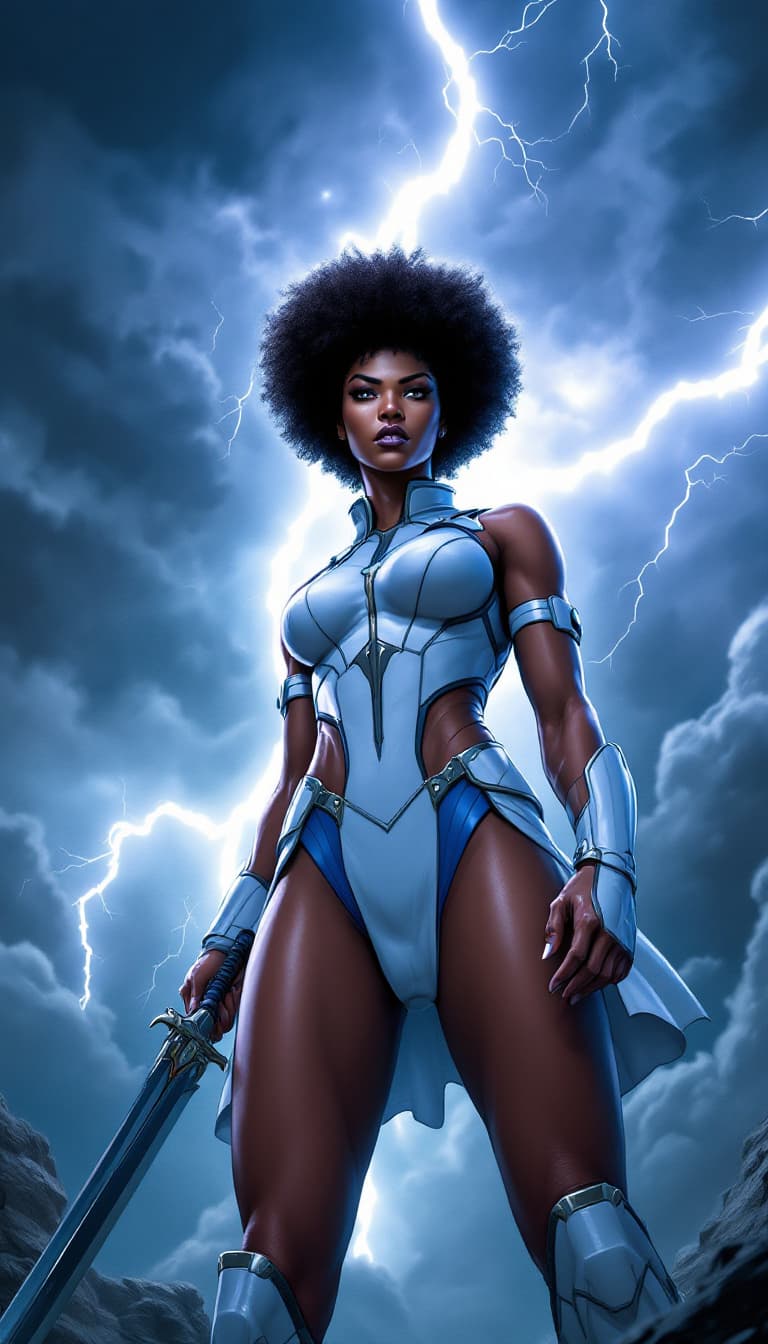 AI generated: The image shows a female superhero standing in front of a stormy sky with lightning bolts. She is ho...