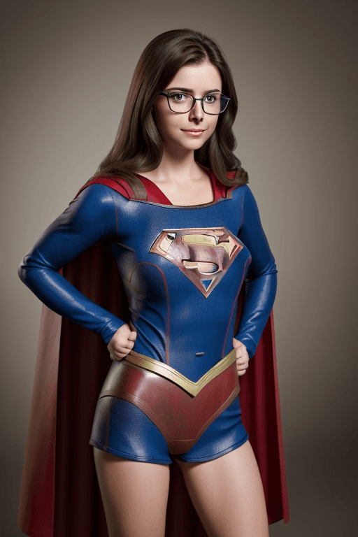 AI generated: A CUTE BRUNETTE SUPERGIRL WITH GLASSES STANDING TALL AND PROUD
