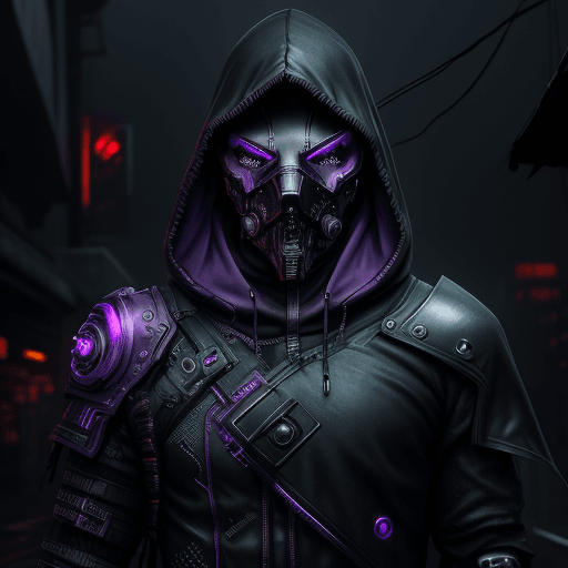 AI generated: cyberpunk, masked man, dark   torn hood, Purple accents, dark rainy foggy night, intricate dark and ...