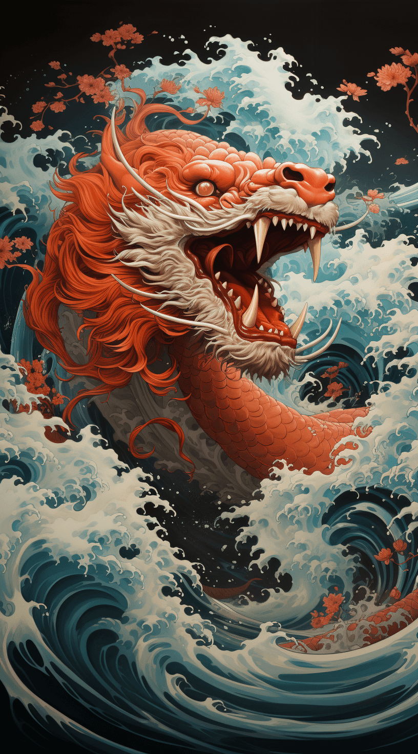AI generated: red dragon in the waves art print, in the style of kōji morimoto, neo-traditional japanese, john bla...