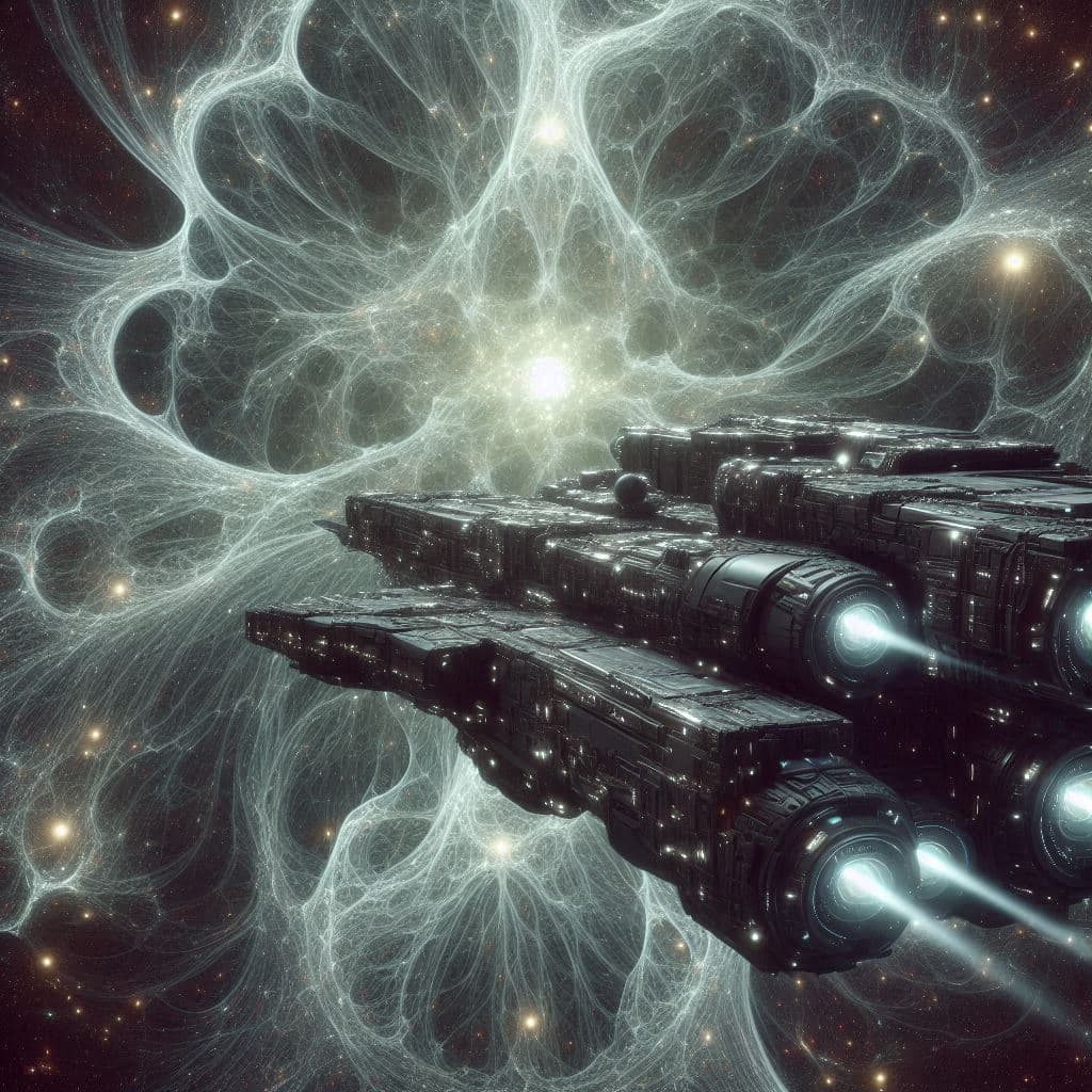 AI generated: Big in the foreground is a half-molten bionic spaceship made of translucent obsidian. The universe i...