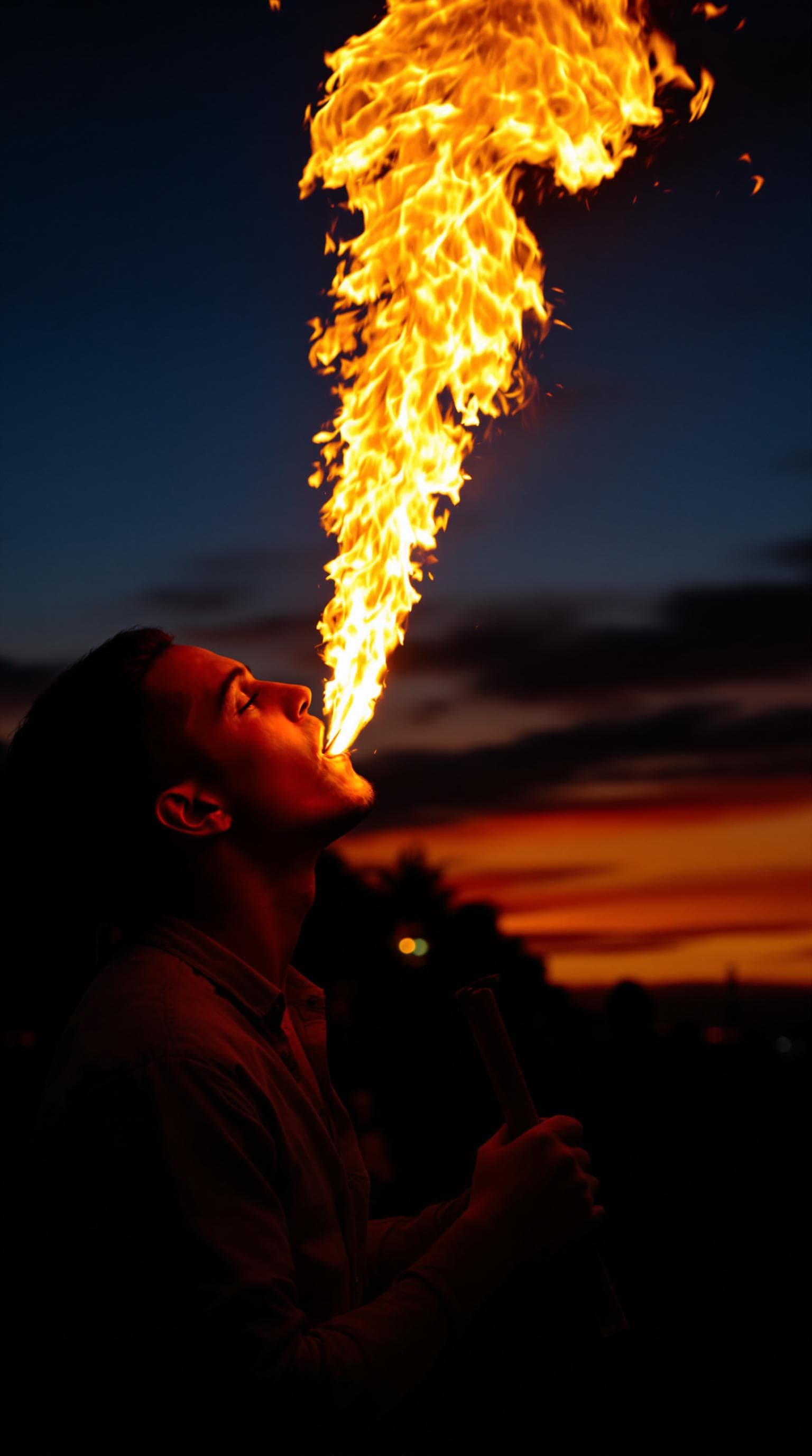 AI generated: The image captures a dramatic scene at dusk. In the foreground, a performer is seen breathing fire, ...