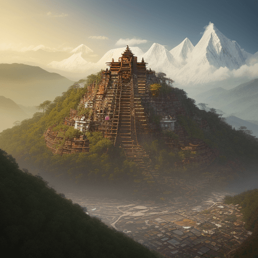 AI generated: Thambalai, the Hidden Tibetan-lik City in the  Himalayas, gigantic, surrounded by a yellow and enorm...