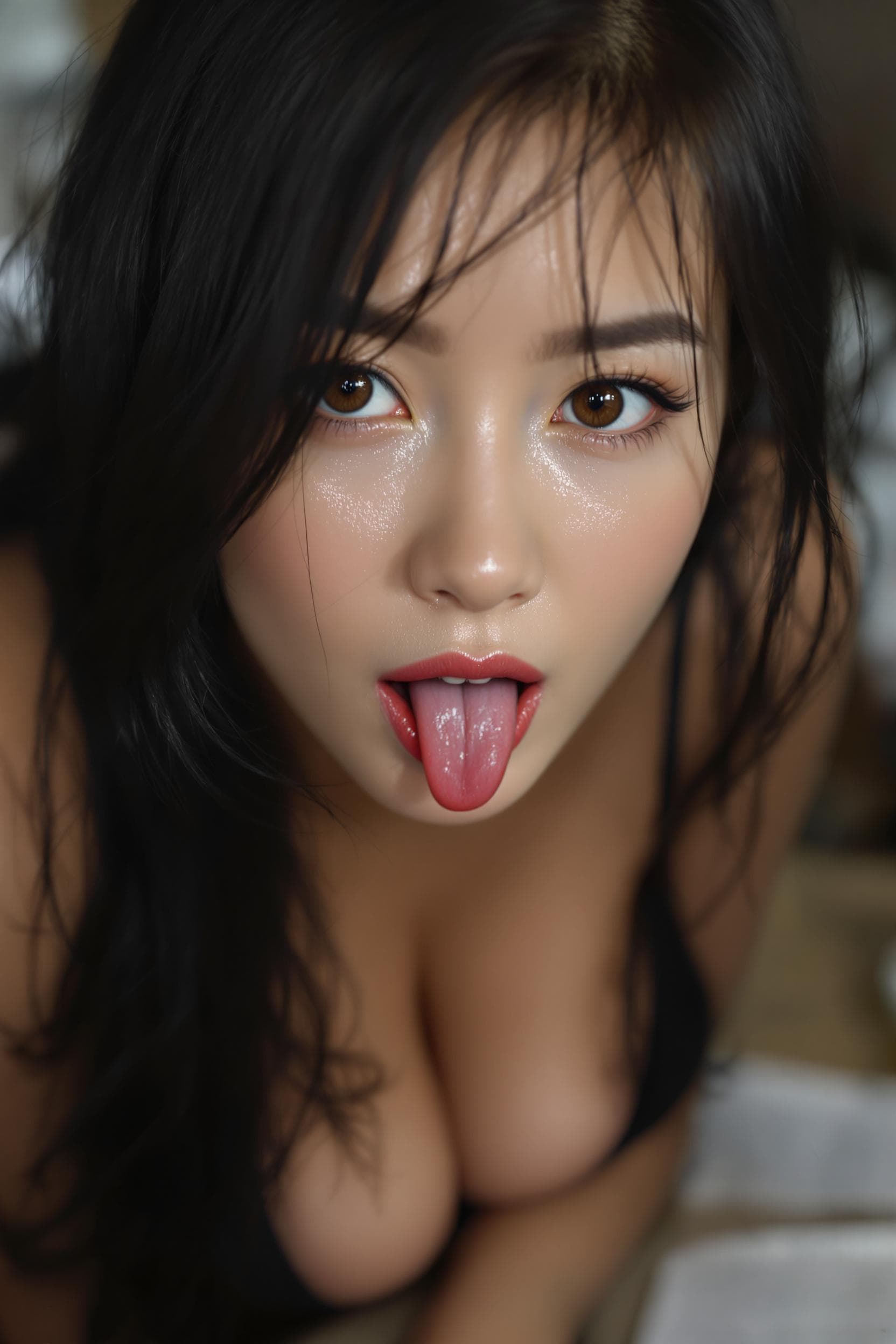 AI generated: 54 years old girl, [thick girl], with big expressive eyes, [brown piercing eyes], strong angled face...