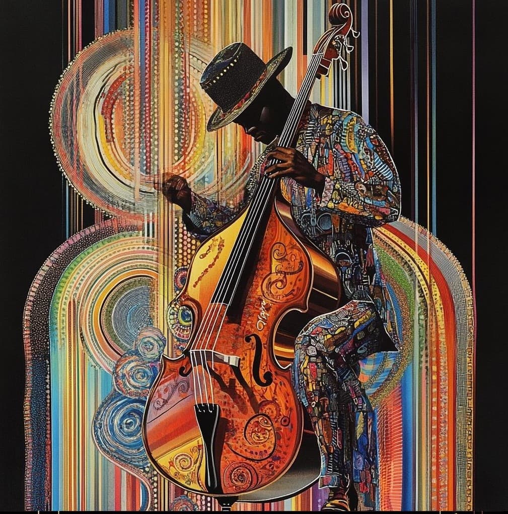 AI generated: a poster depicting a player with a double bass, in the style of maximalist, americana iconography, b...