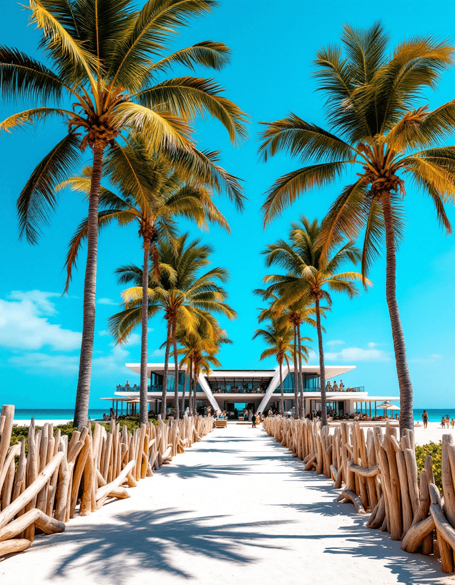 AI generated: A crowded modern beach club with sharp geometric lines anchors the scene, at the end of a path flank...