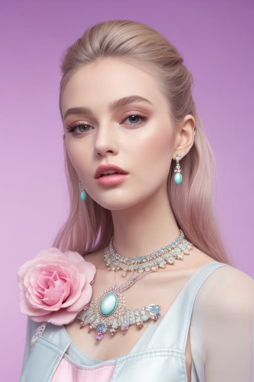 AI generated: Modern shooting, full plan, model in pastel luxury overall with beautiful jewellery 