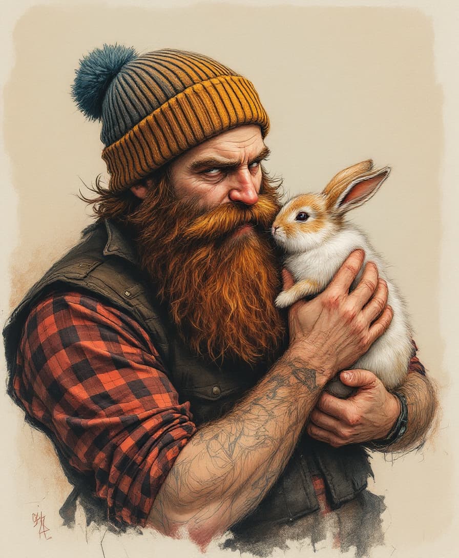 AI generated: A surreal, classic-style painting of a burly, bearded man wearing a beanie and a rugged vest, gently...