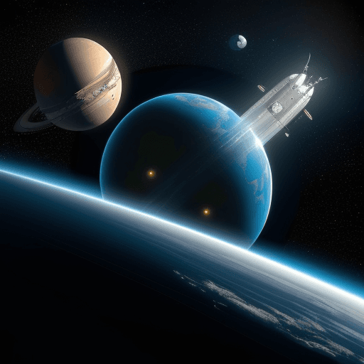 AI generated: Naves espaciales bordeando la orbita de un planeta, se ve otro planeta más grande atrás