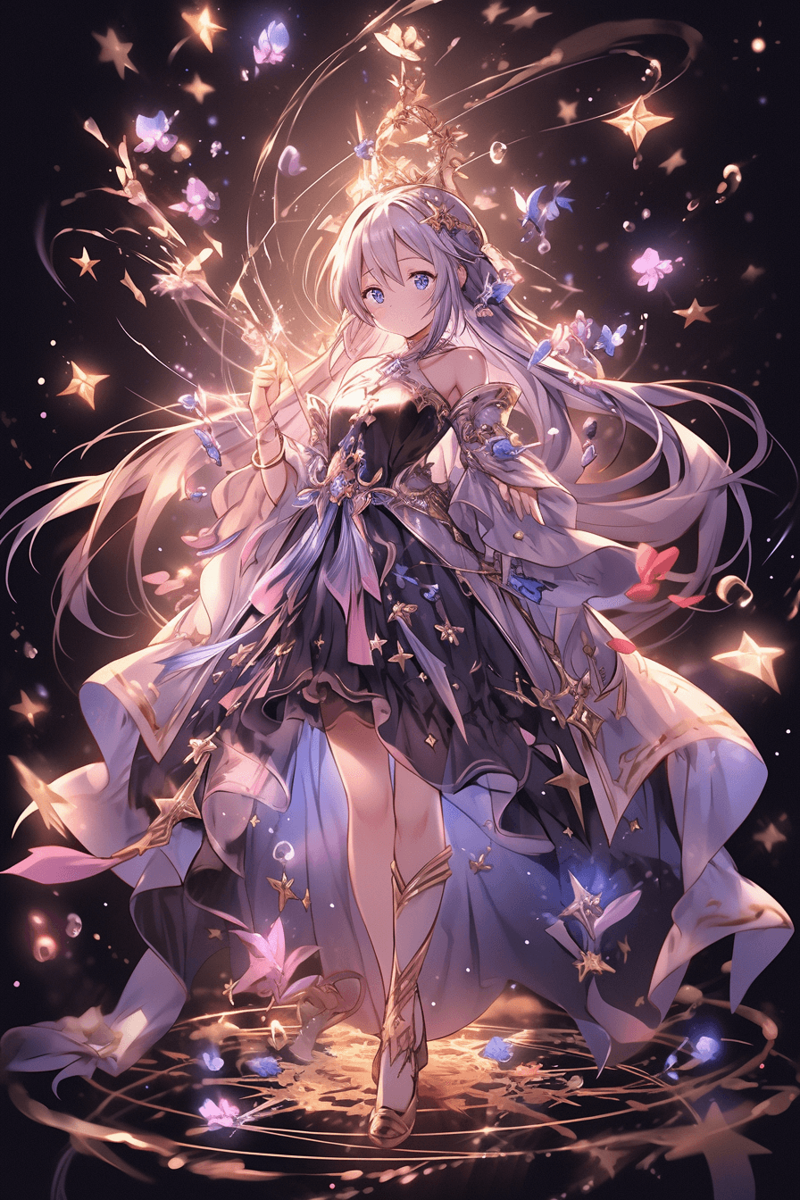 AI generated: Full Body Shot, an enchanting anime character dissolving into sparkling, magical dust, sprinkling in...