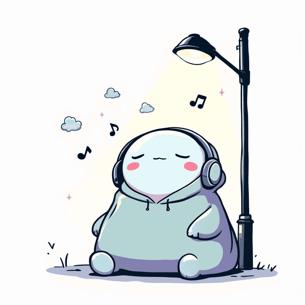 AI generated: A blob-like creature with a hoodie and headphones, chilling under a streetlight with floating calmin...