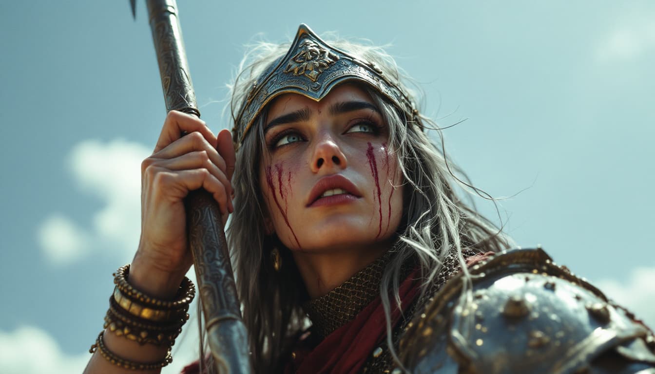 AI generated: Ultra-realistic .	Low-angle shot of Parushat leaning on her spear, Wounded face dripping from her ar...
