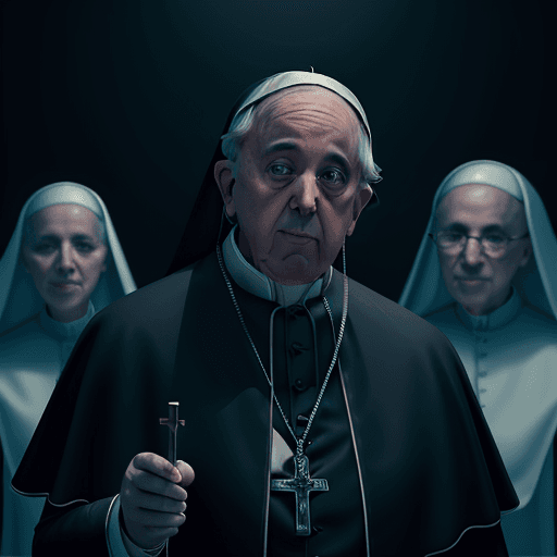 AI generated: pope francisco as a tiktok influencer making a selfie, nuns behind his back greeting the camera, bla...