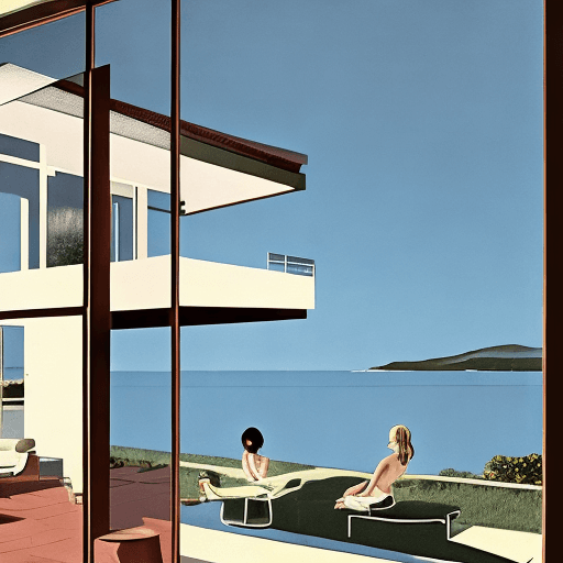 AI generated: Hyper realistic eye level exterior photo of a mid century modern style house overlooking the ocean, ...