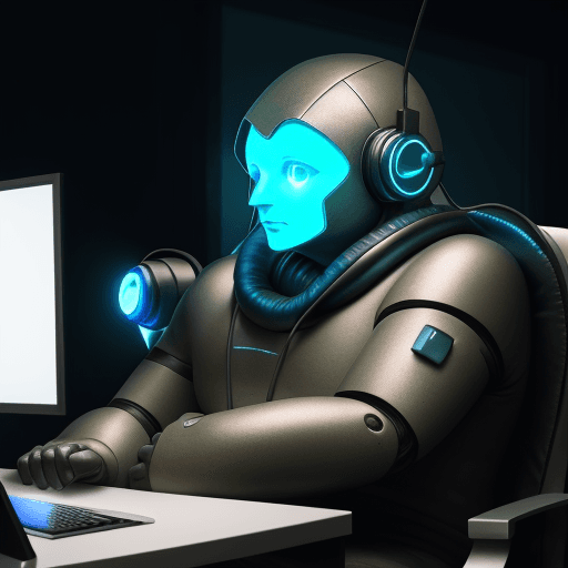 AI generated: 
futuristic golem sitting in front of computer with headphones and microphone