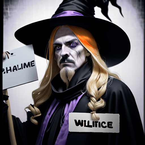 AI generated: A surprised man with long blonde hair dressed as a witch with a hat, wearing a black robe with an or...