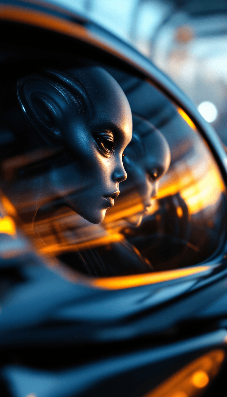 AI generated:  extreme closeup of two aliens inside a futuristic supercar’s inside mirror.The images of the aliens...