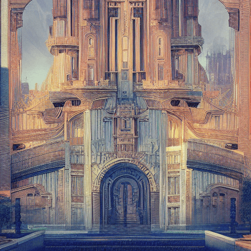 AI generated: wide shot, full page scan of monumental lustrous futuristic castle, detailed concept art, city,art n...