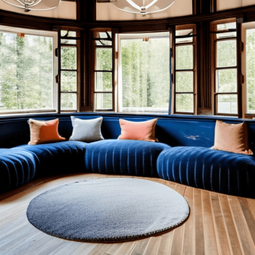 AI generated: High resolution photography interior design, dreamy sunken living room conversation pit, wooden floo...
