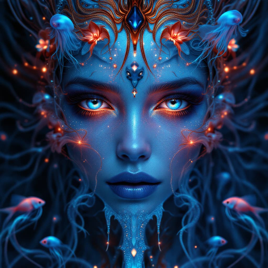 AI generated: Goddess close-up portrait ribcagel. jellyfish phoenix head, nautilus, orchid, skull, betta fish, bio...