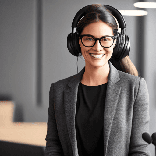 AI generated: A woman in a professional setting, smiling warmly at the camera, wearing a black blazer over a gray ...