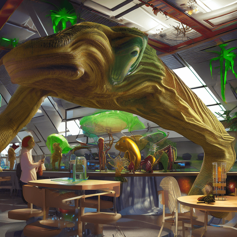 AI generated: Hyper realistic eye level interior photo of a dining hall area in a science station with celebratory...