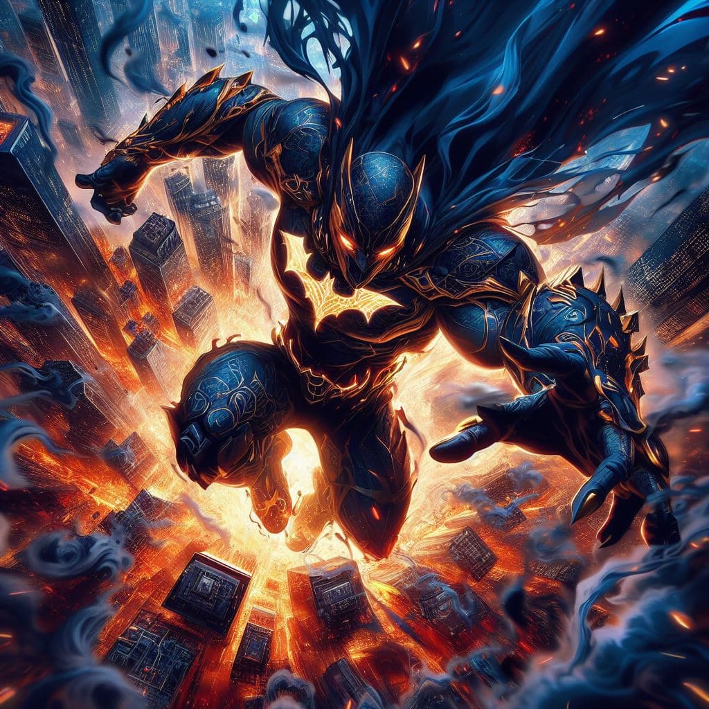 AI generated: A high ground angle shot, skyscrappers on low ground, Batman fighting at war, raging, character desi...