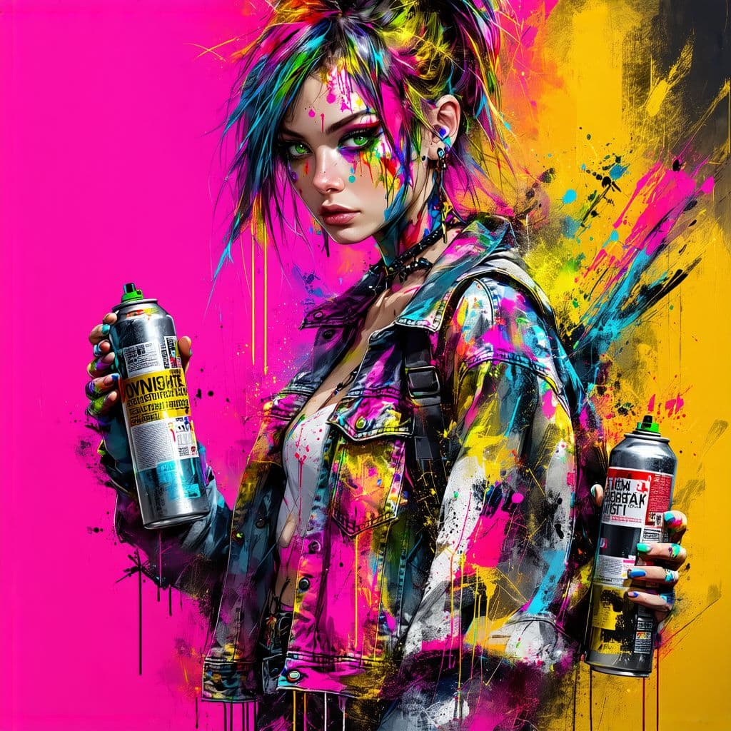 AI generated: An ultra-realistic, full-body portrait of a mesmerizing graffiti artist woman, her pose both dynamic...