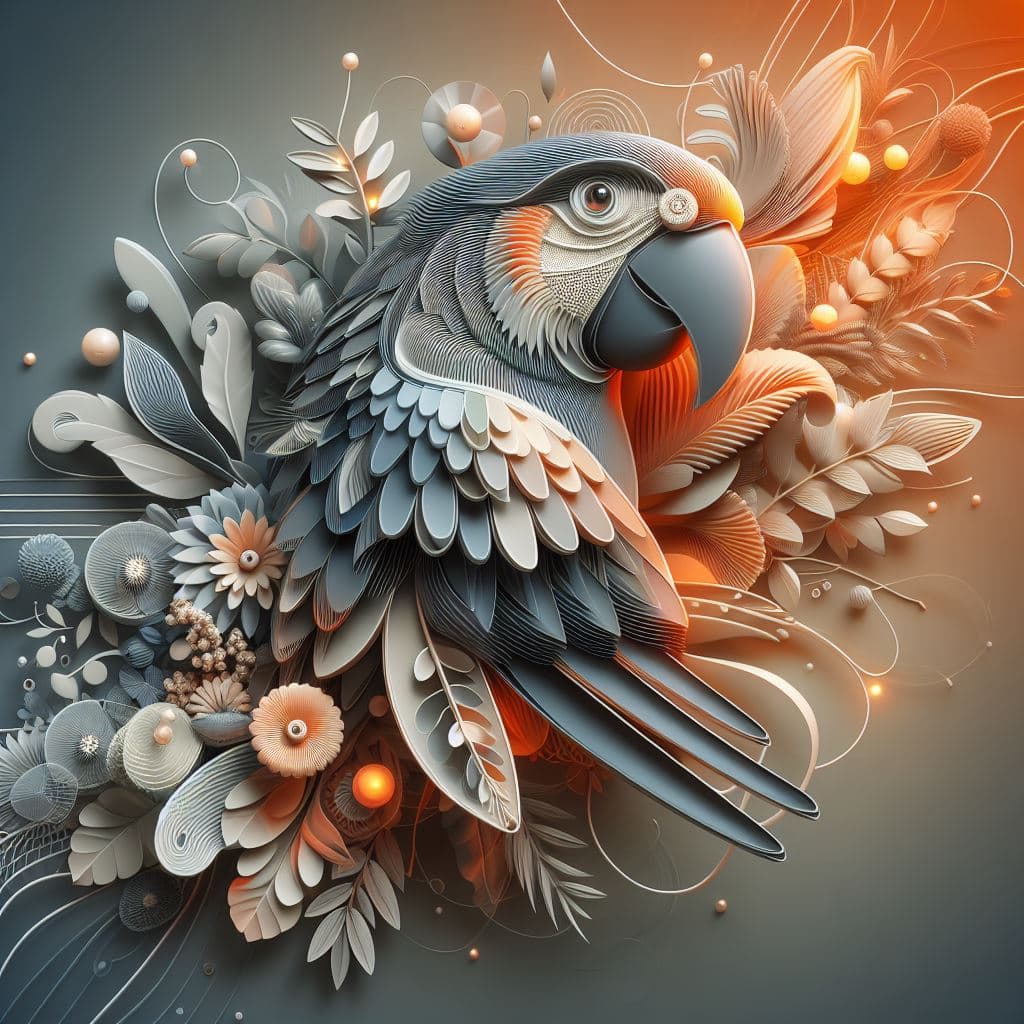 AI generated: abstract 3D shape parot, foliage and flowers incorporated, light emitting, orange background