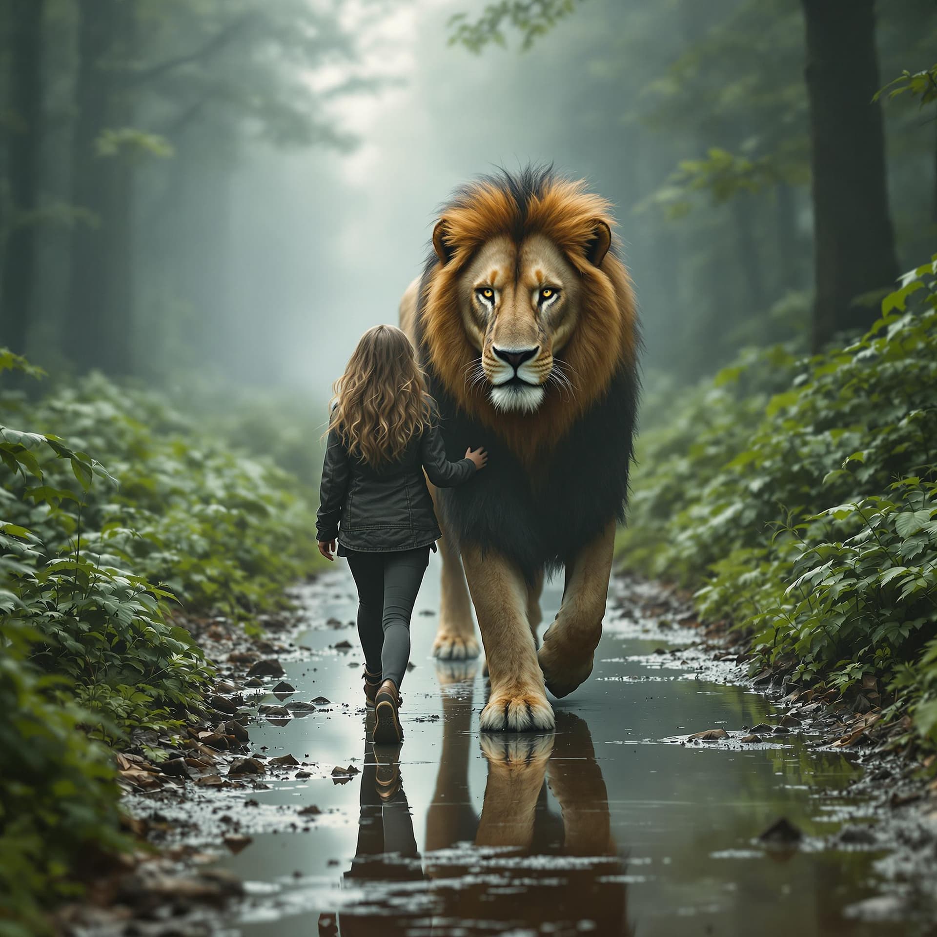 AI generated: The lion walks beside her, its mane full and eyes piercing. They are walking on a misty forest path ...