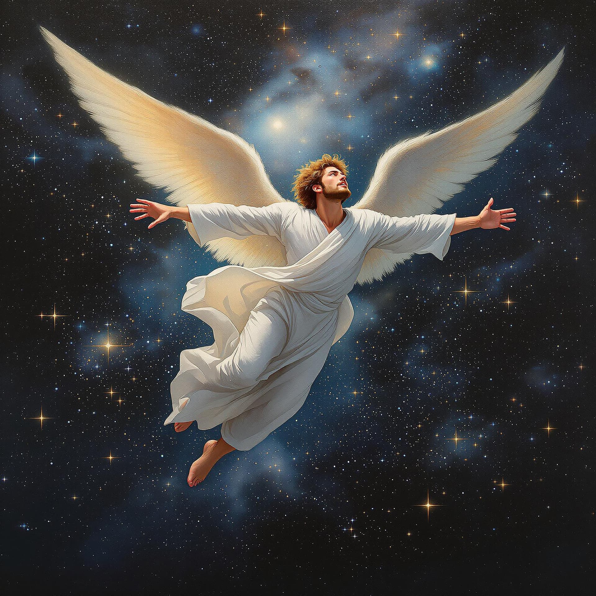 AI generated: An artist's oil painting of a masculine male, a strong angel, light brown hair, flying away through ...