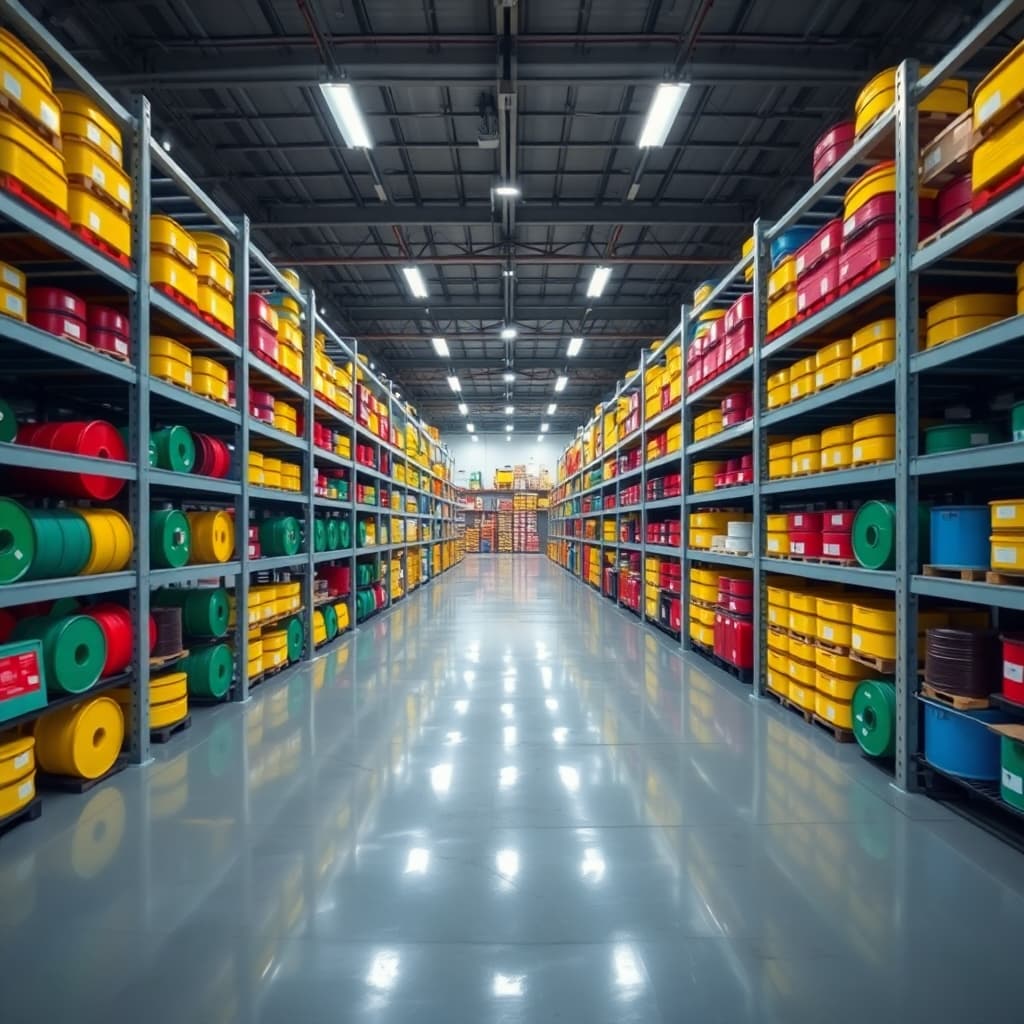 AI generated: A symmetrical view of an industrial storage facility with metal shelving, showcasing rows of colorfu...