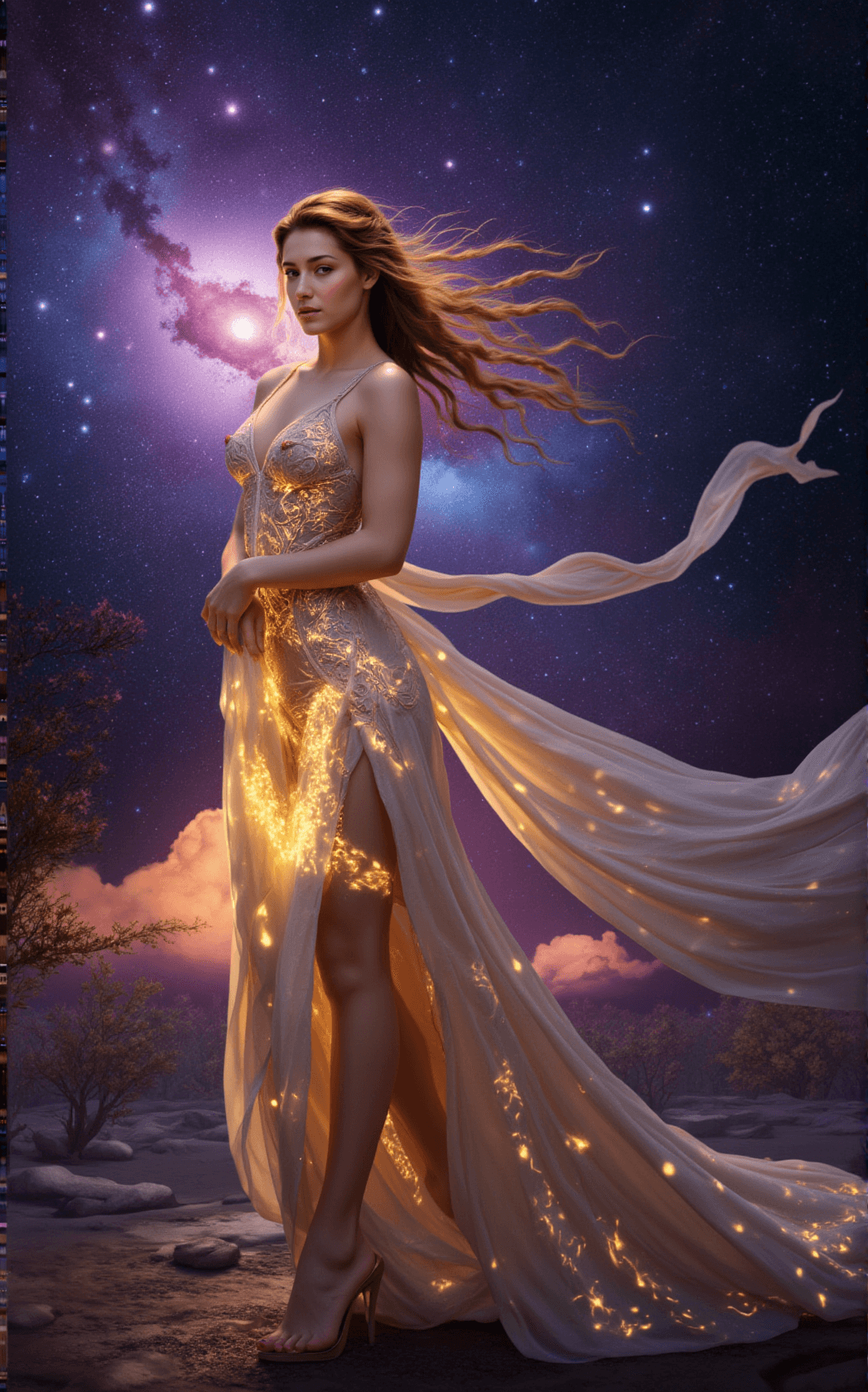 AI generated: In a dreamlike landscape, a graceful woman stands as the embodiment of elegance and strength. She is...