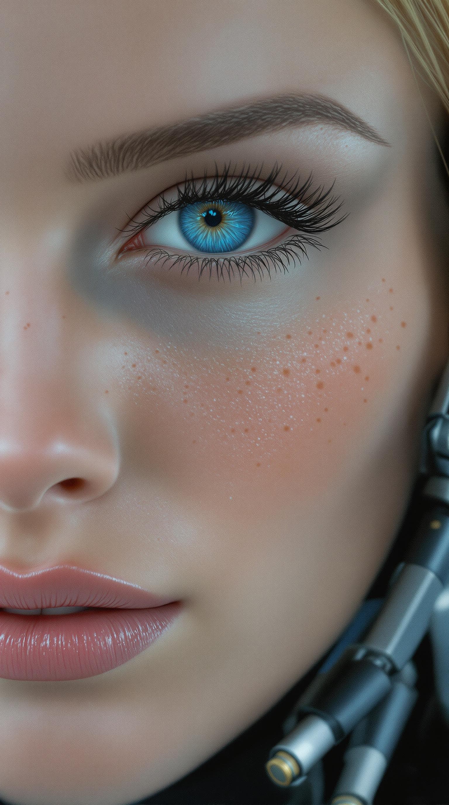 AI generated: Incredibly beautiful Norwegian with blue eyes, long eyelashes, black eyeliner, freckles, dimples on ...