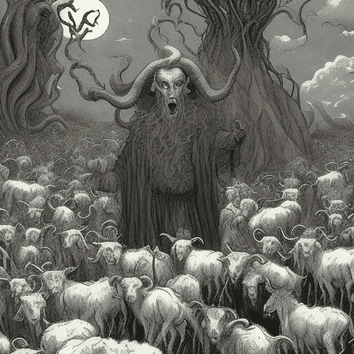 AI generated: Demonic shepherd surrounded by a flock of giant lovecraftian goats. The goats are devouring the land...