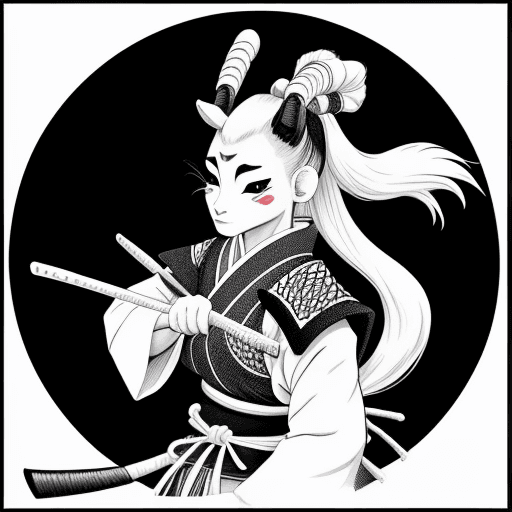 AI generated: female goat samurai, stan sakai style, black and white