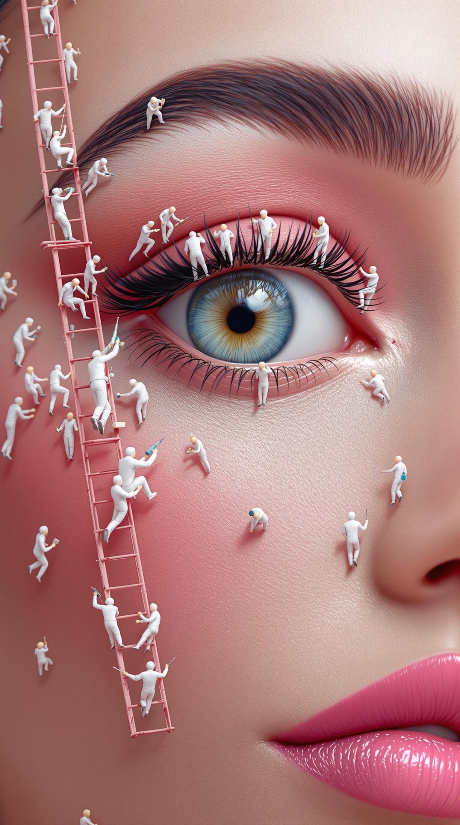 AI generated: Create a Real Eye of a Model Face - A real photo of numerous tiny people, reminiscent of midgets, pe...