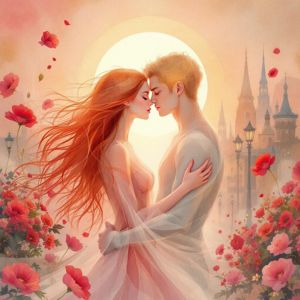 AI generated: Abstract ethereal lovers embracing, flowing translucent forms merging into one another, one figure w...