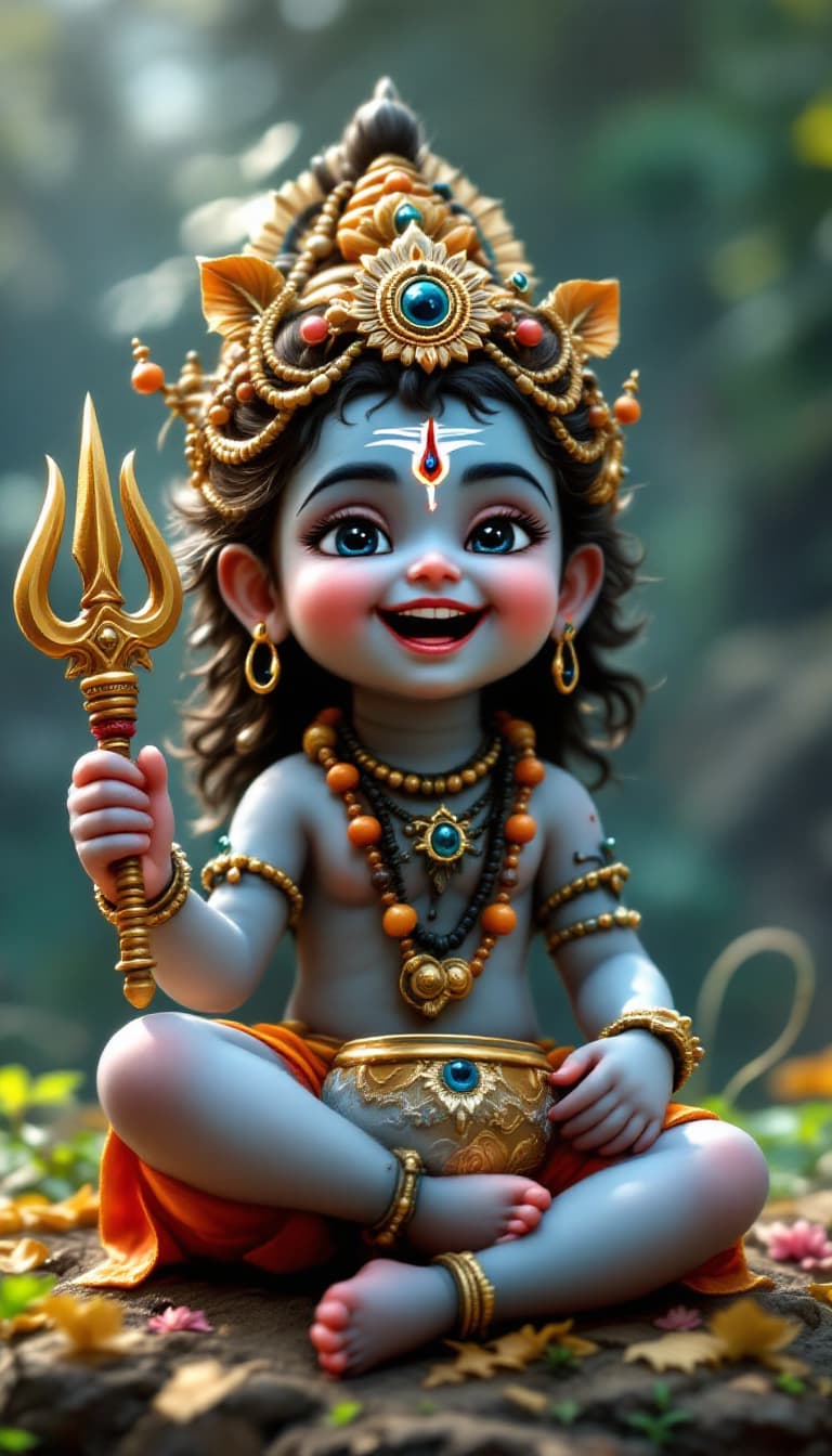 AI generated: Happy image of a cute little Shiva sitting and laughing with cute real eye,in side with a trishula a...