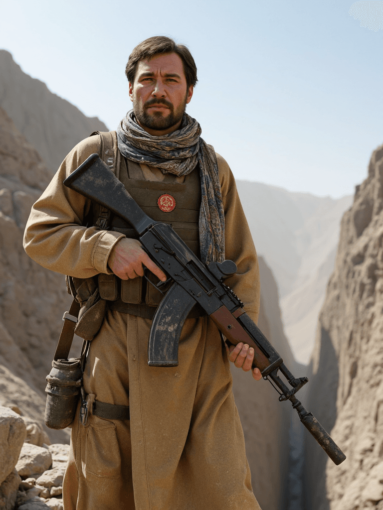 AI generated: A hyperrealistic, cinematic portrait of a Soviet Spetsnaz soldier in Afghanistan during the late 198...