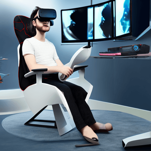 AI generated: gamer sitting on virtual reality chair device plugged into a whole of gaming consoles and machines, ...
