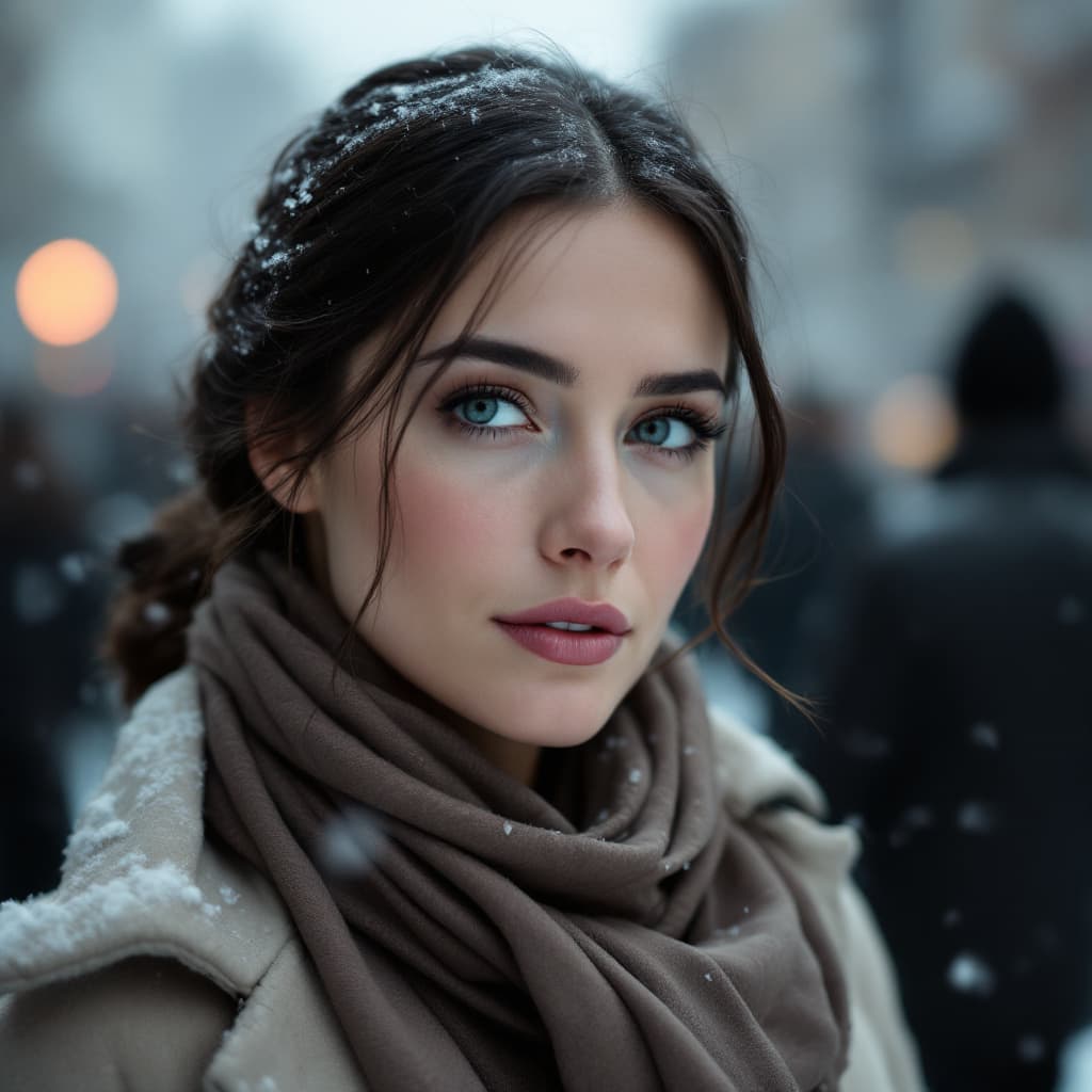 AI generated: A 30-year-old Eastern European woman with pale skin and dark brown hair in a low bun, wearing a stru...