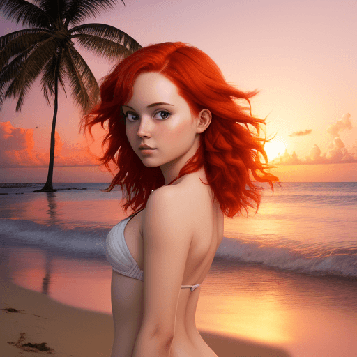 AI generated: girl with red hair on sunset in a beach with coconut trees
