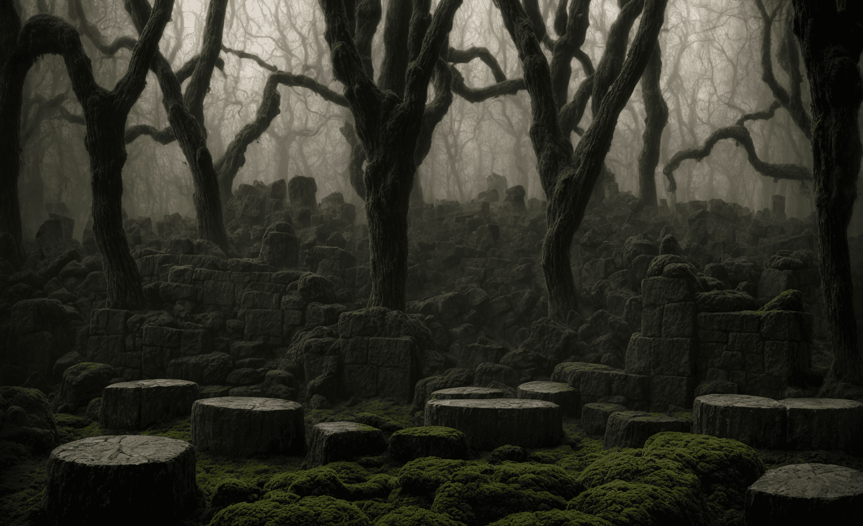 AI generated: Ancient stone labyrinth swallowed by a gloomy forest, strange symbols glowing dimly on the moss-cove...