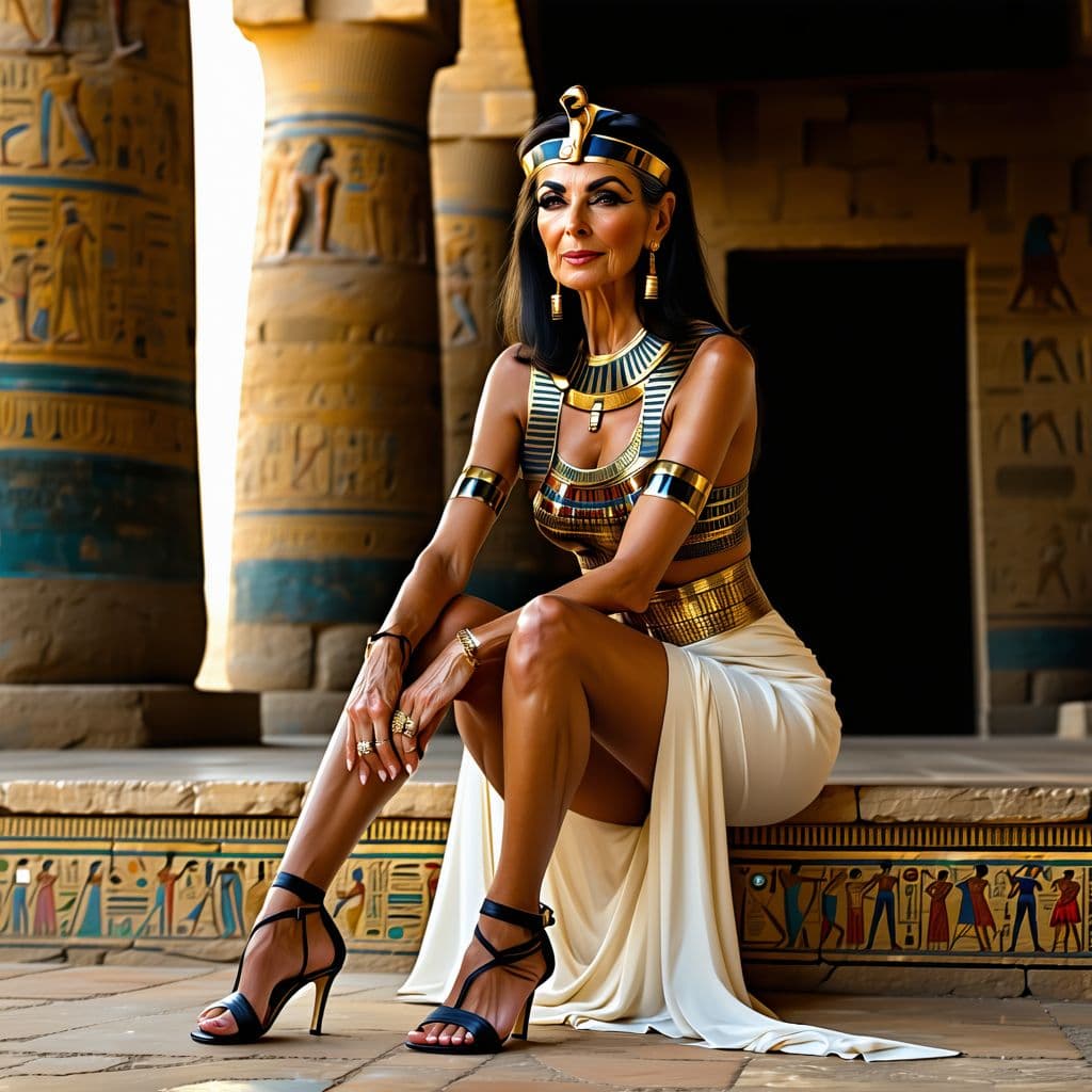 AI generated:  A photo of a mature a egypt queen wearing high heel sandals, natural, necklace, hyper realistic, 8k...