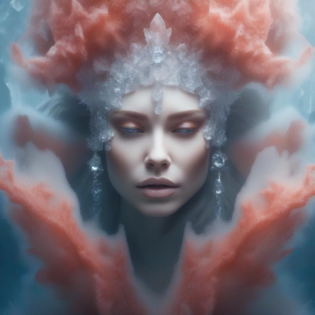 AI generated: Close up portrait of female face. Frosted skin, rime ice. Crystallized, ornate, elegant botany. Intr...