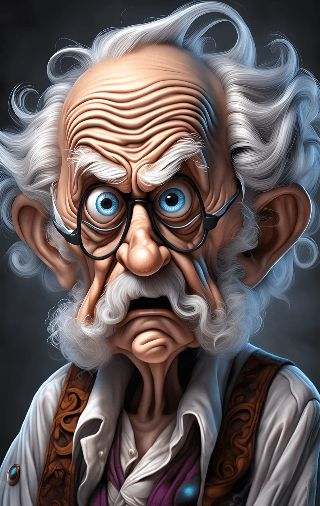 AI generated: Very old frightened and scared grandpa with fear in eyes, mad sky hallucination by Mundford, baroque...