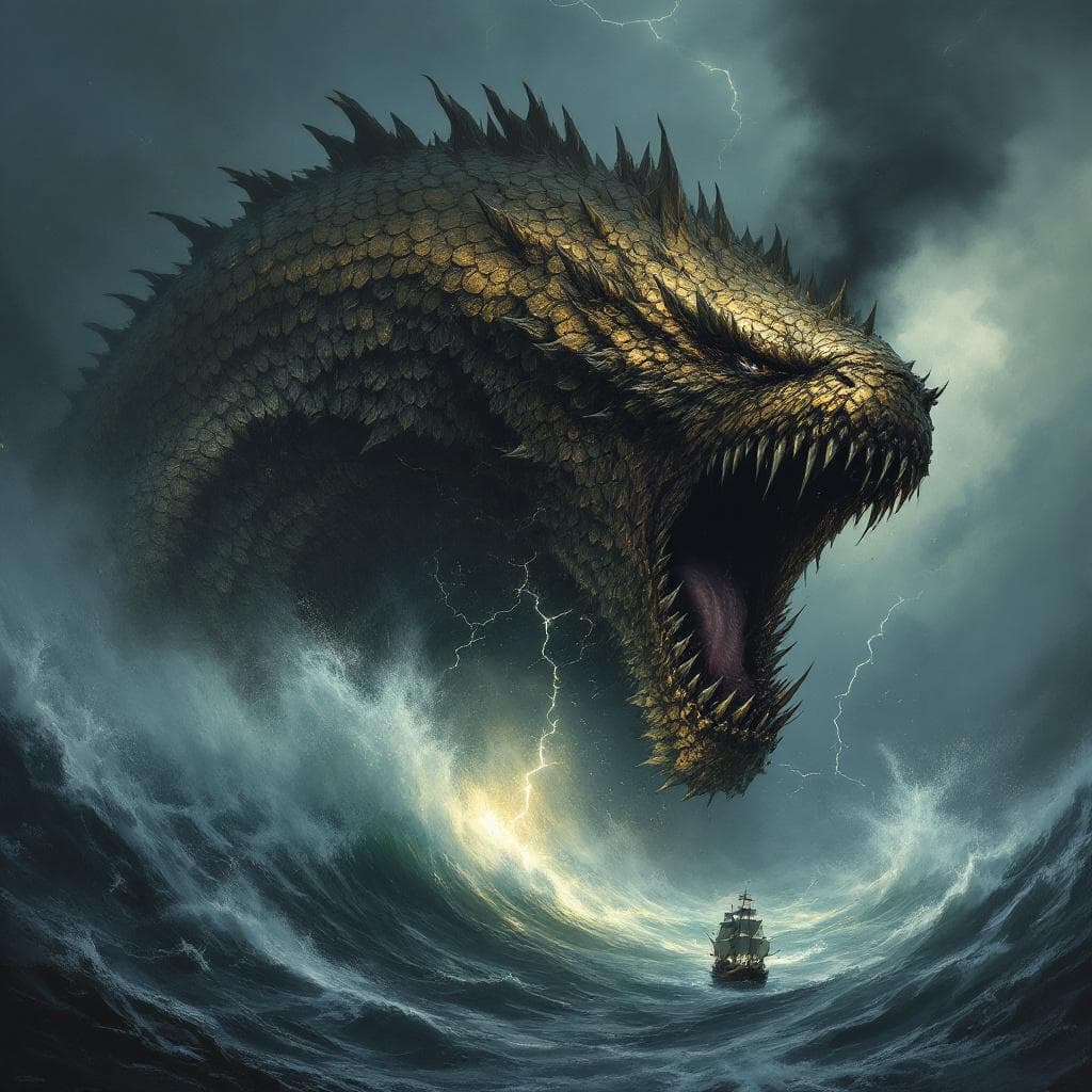 AI generated: A colossal sea monster rising from dark churning waters, body armored in overlapping bronze like sca...