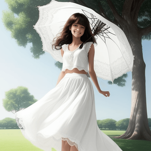 AI generated: one girl Wearing a long white skirt, smiling, slim, hair blown out, holding a white lace umbrella. u...