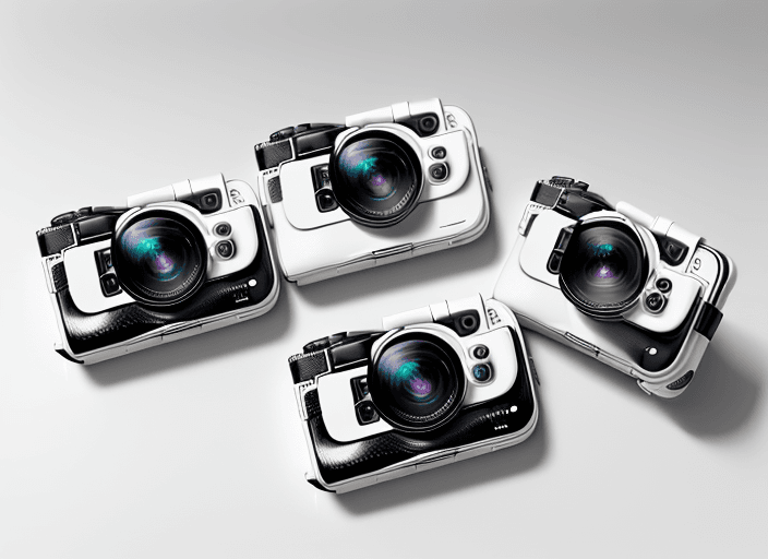 AI generated: Three slim pocket camera variations, on a glossy white surface, birds eye view, hyper realistic, hig...